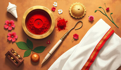Sindoor Khela Bijoya Dashami Flatlay Illustration with Traditional Offerings