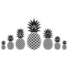 Obraz premium Seven black pineapple silhouettes of varying sizes on a white background fruit tropical