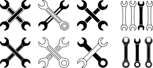 Wrench silhouette collection with crossed spanners, mechanic repair tools, hardware maintenance symbols, construction equipment icons and automotive vector illustrations set