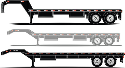 Colored vector illustration of gooseneck flatbed trailer in three styles, solid silhouette, outline drawing, and shaded technical version for hauling
