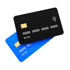 Bank Card, Finance, Digital Transaction – Black credit card stacked on a blue card in 3D perspective. Modern banking and electronic payment concept ideal for commerce, e-wallets, and financial service
