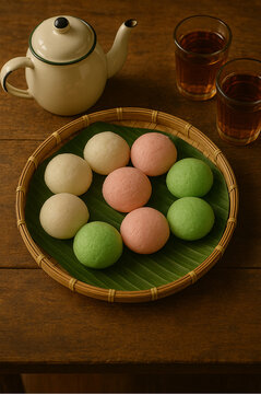 Traditional Indonesian Kue Apem in Pastel Colors on Bamboo Tray