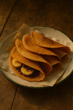 Traditional Indonesian Kue Leker with Banana and Chocolate Filling