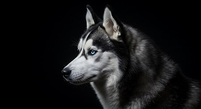 Majestic husky with striking blue eyes gazes intently in profile, perfect for animal lovers and pet brands - Powered by Adobe