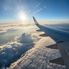 Fototapeta premium Bright airplane wing view above fluffy white clouds.