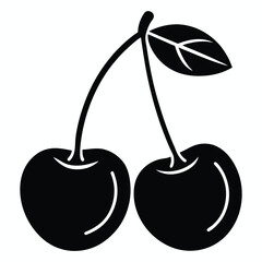 Two cherries with stem and leaf in black silhouette illustration