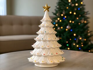 ceramic christmas tree.Charming ceramic Christmas tree with glowing multicolor bulbs, a festive holiday ornament that enhances seasonal interiors and cozy home decorations with nostalgic cheer.