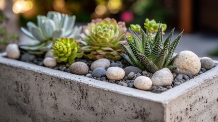 Modern concrete planter with succulents and pebble mulch