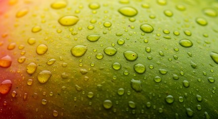 Vibrant macro detail of a fresh mango peel covered in glistening water droplets, showcasing a beautiful red, yellow, and green gradient