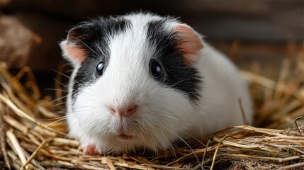 Adorable guinea pig resting on straw in a cozy setting during a sunny afternoon