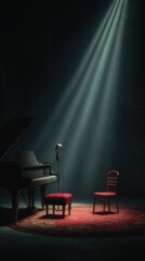 Solo piano performance on stage with spotlight and red chair creating a dramatic atmosphere in a dimly lit room