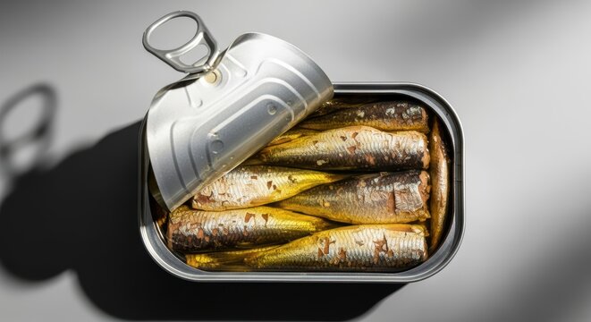 Open tin can with sardines in oil on gray background