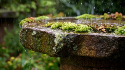 Fototapeta premium Natural stone garden fountain with water and moss