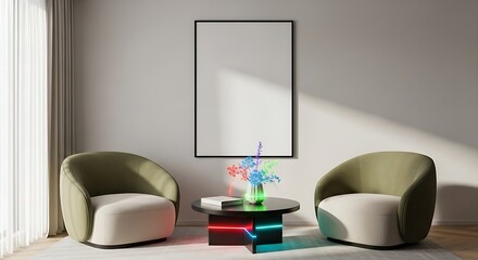 Cozy living area with two armchairs, coffee table, and neon accents on furniture living room