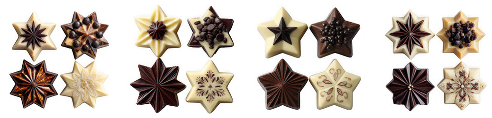 Variety of starshaped chocolate cookies isolated on transparent background, perfect for christmas and holiday season, with a sweet and festive touch