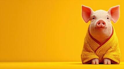 Pig in a yellow robe sitting against a bright yellow background in a cheerful setting