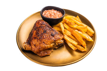 BBQ fried chicken thigh with french fry on a plate isolated on white background. top view