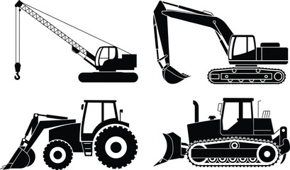 Silhouette set of heavy construction machines including crane, excavator, tractor loader, and bulldozer for industrial and building projects