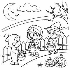 Halloween Trick Or Treaters coloring page black and white