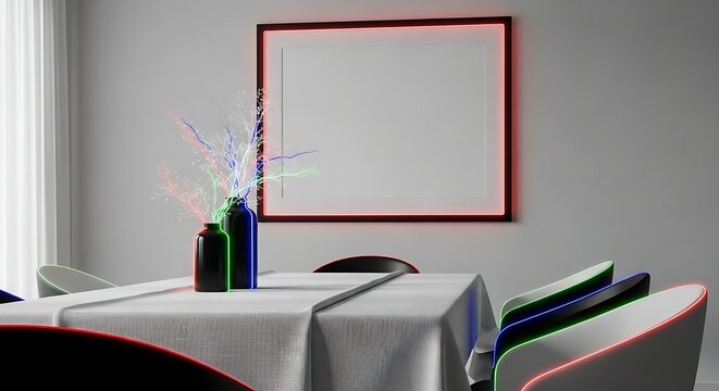 Dining Room With Neon Accents On Table And Chairs interior - Powered by Adobe