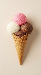 Delicious ice cream cone with strawberry chocolate and vanilla scoops dessert food