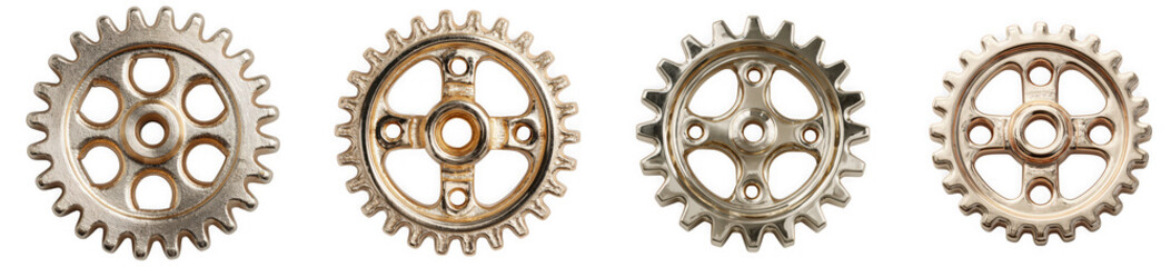 Four metal gears of different shapes and sizes isolated on transparent background, showcasing mechanical engineering and industrial design elements
