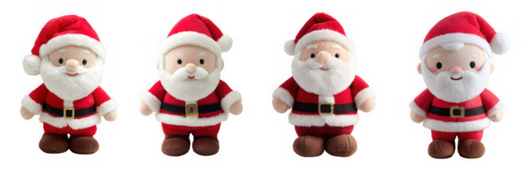 Four santa claus toy figures isolated on transparent background, perfect for christmas and new year decoration, gift, or holiday celebration concept