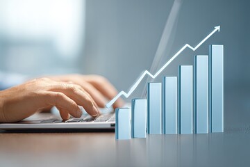 Hands typing on laptop, rising graph overlay