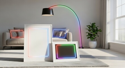 Modern Living Room with Arc Floor Lamp and Neon Lighted Frames interior sofa