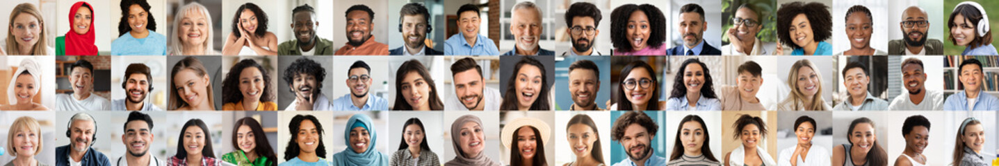 Fototapeta premium A vibrant collection of diverse individuals showcasing happiness and togetherness. Each person expresses joy, representing various lifestyles in a unified collage.