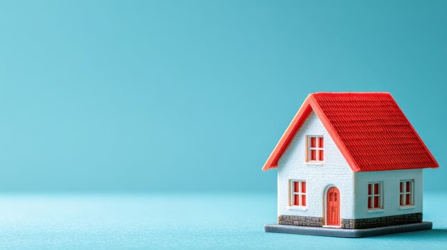 A miniature representation of a house featuring a red roof and white walls, isolated on a blue background, symbolizing home ownership and real estate concepts. Real estate banner.