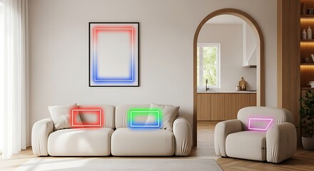 Modern living room with neon light frames on furniture and artwork interior sofa