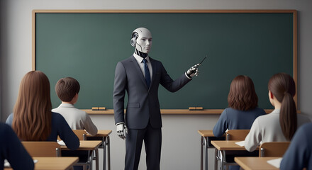 Robot teacher instructing students in a classroom of the future with advanced technology