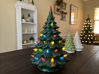 ceramic christmas tree.Charming ceramic Christmas tree ornament decorated with colorful bulbs, a festive holiday accent that brings warmth, joy, and seasonal cheer to cozy Christmas interiors.