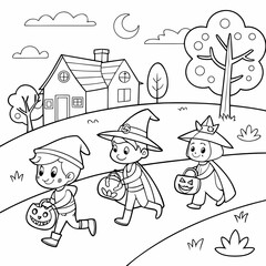 Halloween Kids in Costumes for Trick or Treating. coloring page black and white 
