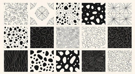 Collection of abstract organic and geometric patterns in black and white