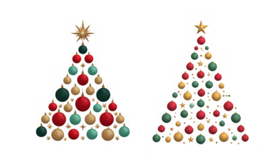 Two christmas trees made of ornaments isolated on transparent background, perfect for holiday cards, festive designs, and seasonal celebrations