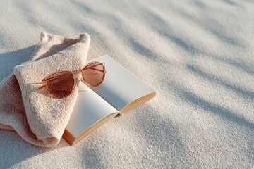 Relaxing beach setup with a towel, sunglasses, and an open book ready for leisure reading