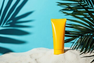 Sun protection in a bright yellow tube on white sandy beach with tropical backdrop