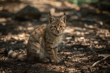 Obraz premium Bobcat kitten sitting forest floor, sunlight dappled background, wildlife nature photography