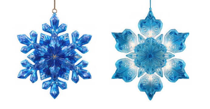 Two blue snowflakes isolated on transparent background, a festive and elegant christmas decoration for the winter holiday season