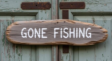 Rustic weathered wood sign that says gone fishing hanging on a weathered door