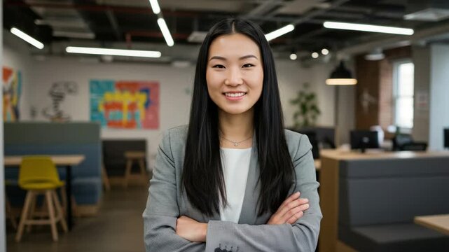 Smiling asian woman in office business portrait 4k video, ai generated