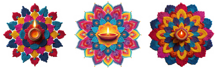 Three vibrant diwali rangoli designs featuring traditional oil lamps, isolated on transparent background, showcasing indian culture and festive celebrations