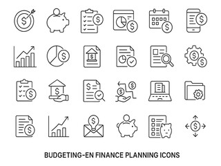 Collection of budgeting and finance planning icons isolated on white background