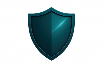 Teal glossy shield symbolizing safety and security, offering protection against threats on a clear, transparent background