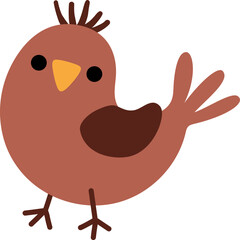 Vector cartoon brown bird pecking seeds. Christmas animal clipart. Cute new year bird illustration for kids. Winter holiday icon isolated on white