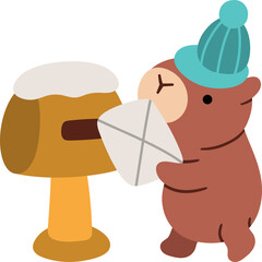 Vector cartoon capybara sending letter to Santa Claus. Christmas animal clipart. Cute new year illustration for kids with Santa mail or post concept. Winter holiday icon isolated on white