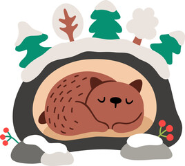 Vector cartoon brown bear sleeping in den covered with snow and trees. Christmas dreaming animal clipart. Cute new year symbol illustration for kids. Winter holiday icon isolated on white