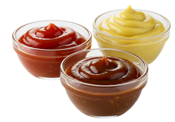 Three glass ramekins filled with ketchup barbecue sauce and mustard isolated on transparent background